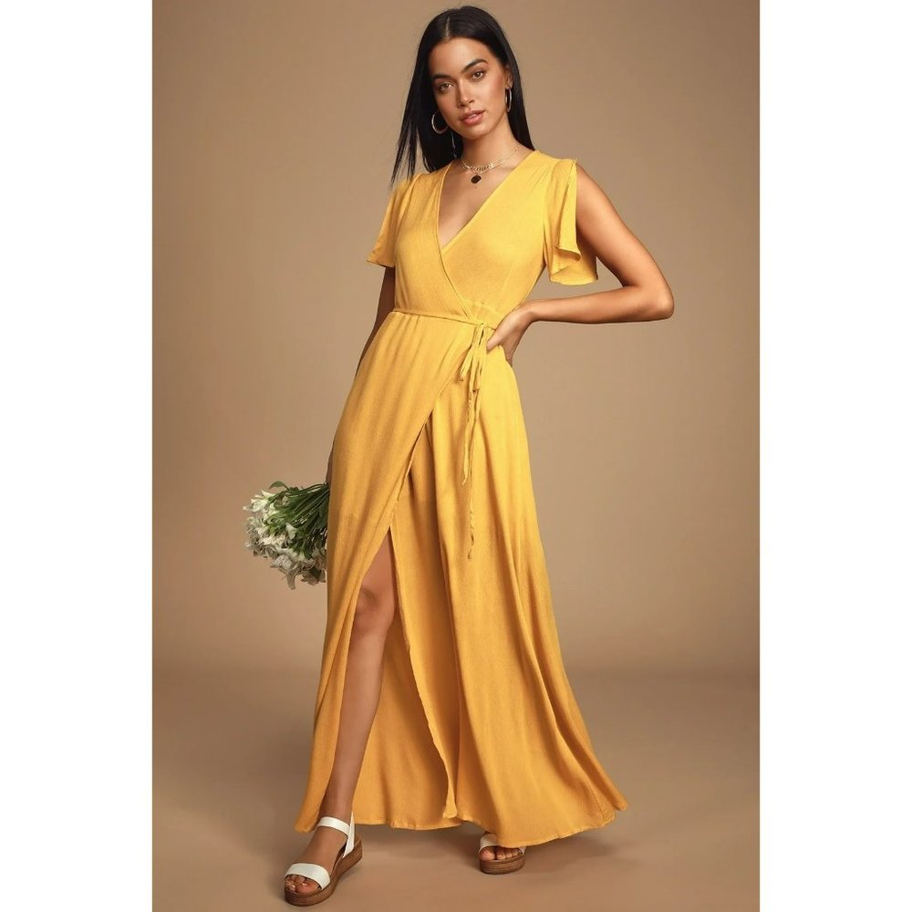 Lulus Much Obliged Golden Yellow Wrap Maxi Dress Women's Size M - Picture 14 of 14